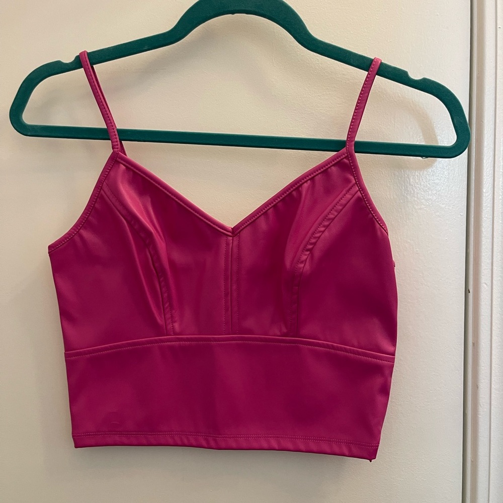 Hot Pink Leather Cropped Corset Tank Top